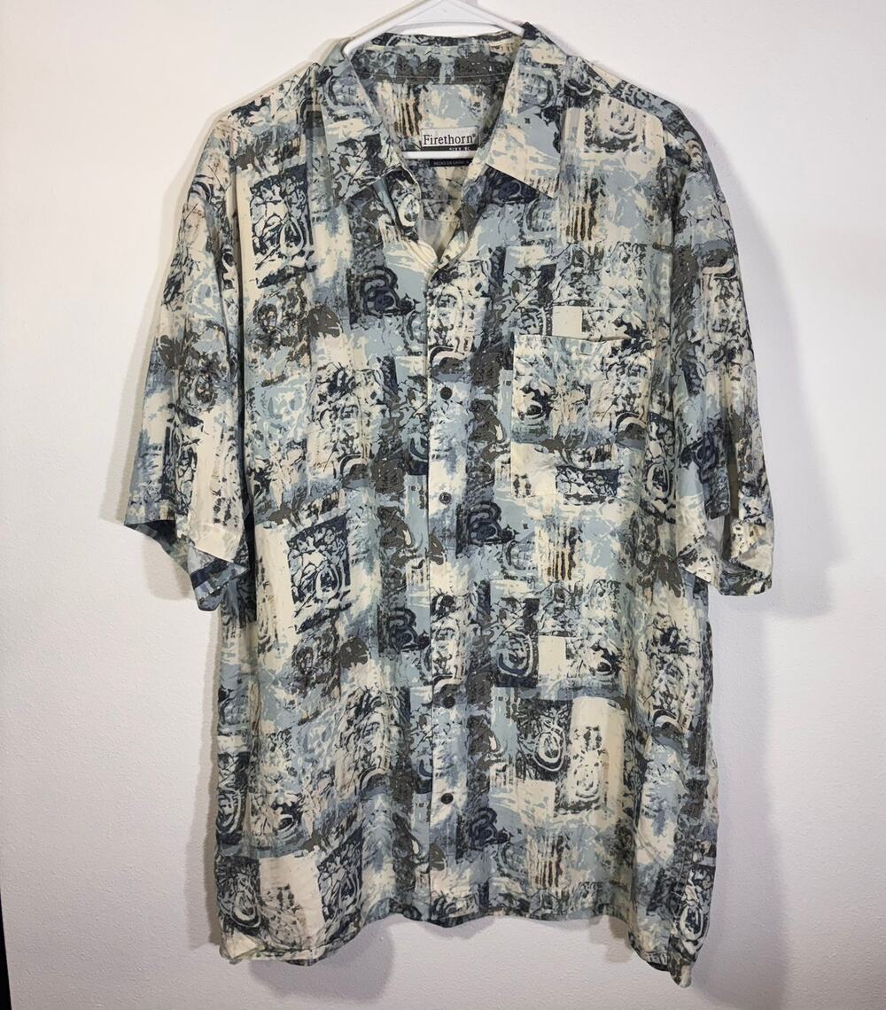 Firethorn Silk Shirt Mens Large Abstract Print Button Front Camp Casual